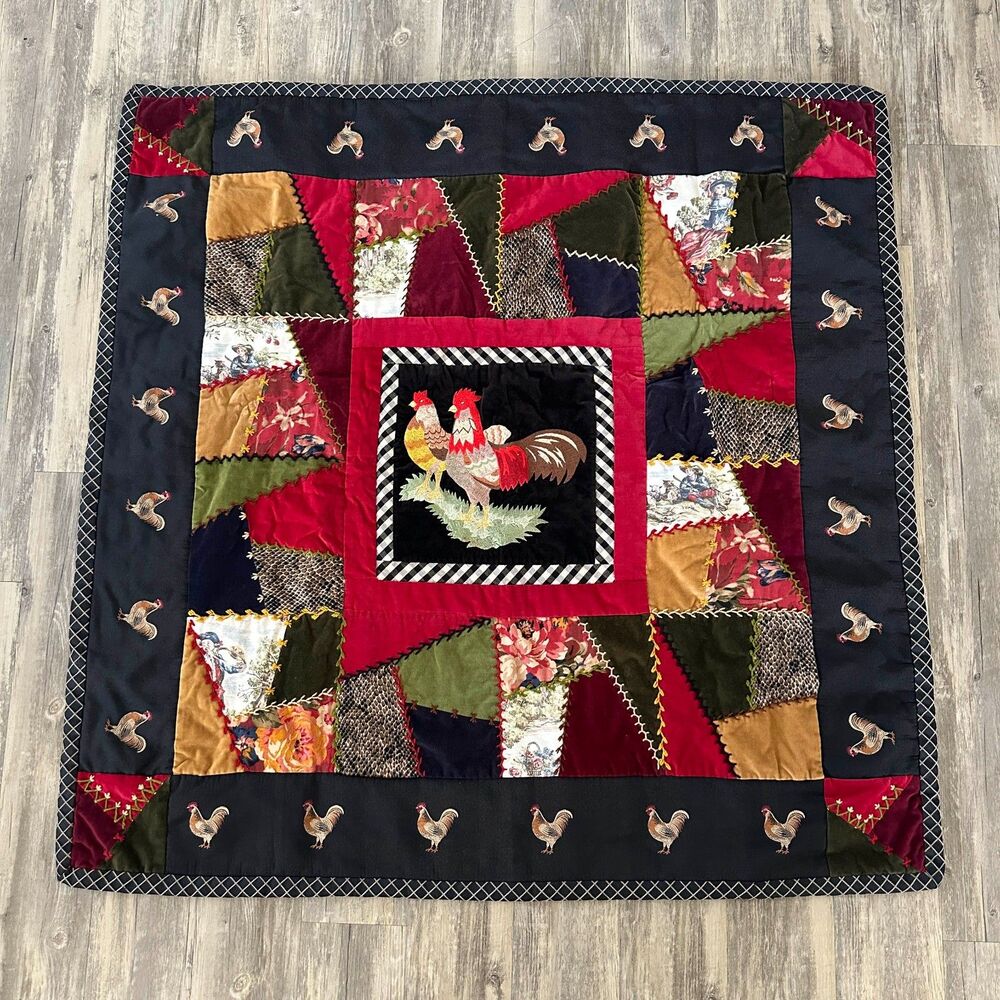 Vintage House Of Hatten Rooster Chicken Patchwork Quilted Blanket 50"